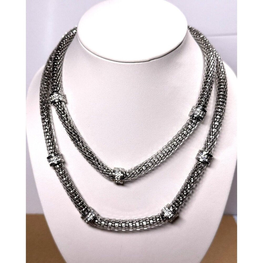 Emma Skye Popcorn Mesh Link 2 Layer Necklace Stainless Steel Silver Tone Station